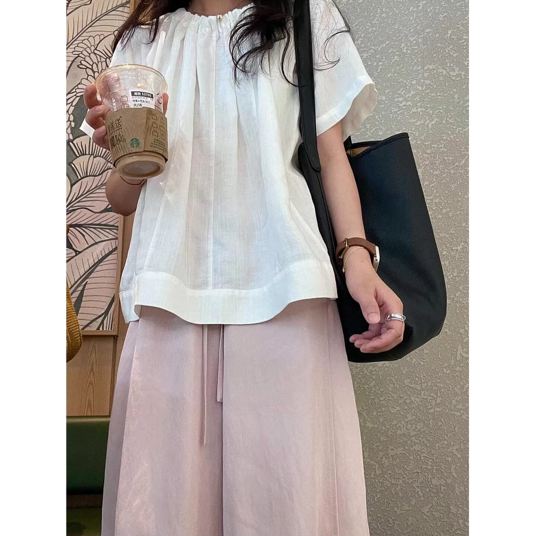 白色亚麻短袖衬衫女夏季轻薄2025新款衬衣高级感轻奢减龄洋气小衫