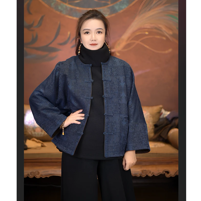 爱上莲心【宝蓝色饕餮纹】油丝提花圆领对襟夹克 新中式老钱复古
