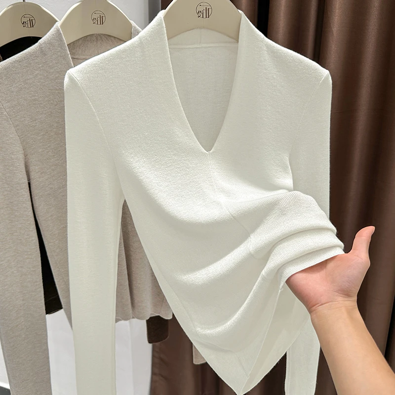 法式简约白色V领针织衫t恤冬季穿搭女士打底衫内塔小个子长袖上衣