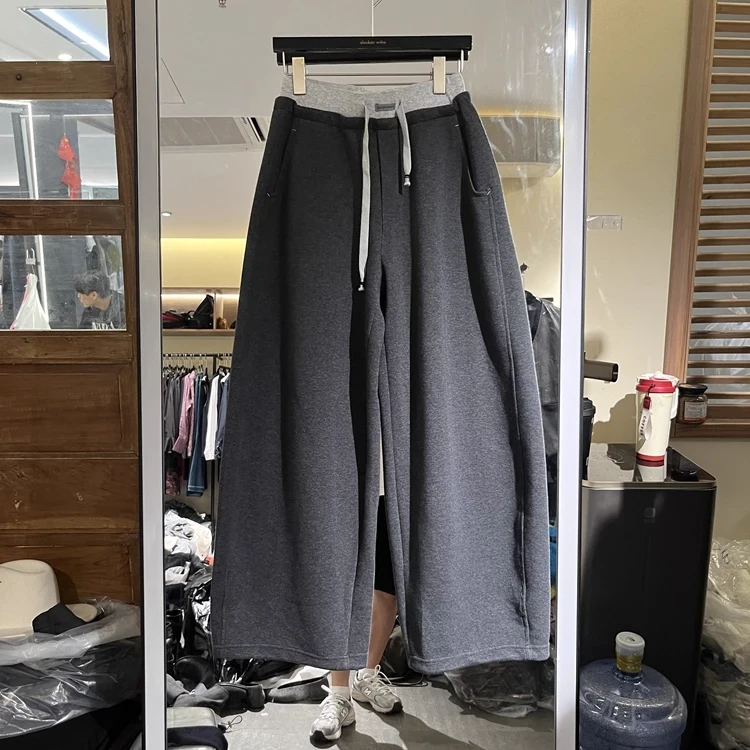 加大码2-300斤欧货撞色休闲裤男女秋冬慵懒风松紧腰抽绳弯刀卫裤2