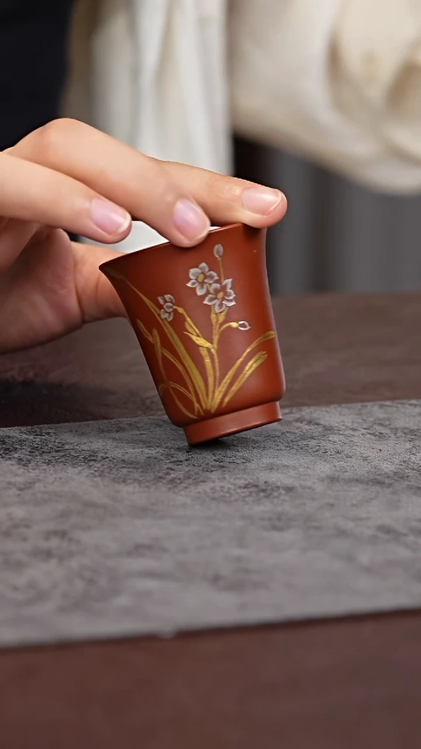 茶杯紫砂朱泥 金银水仙