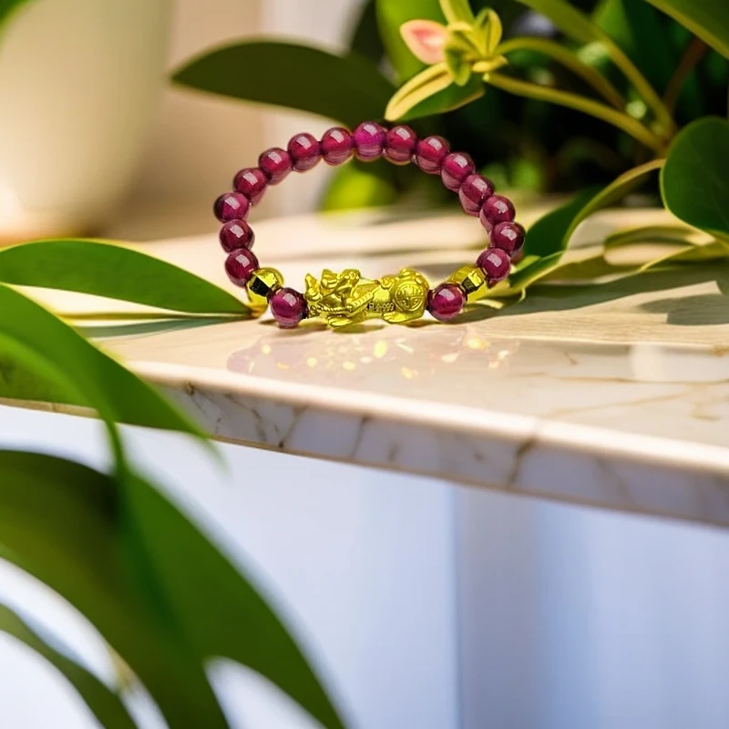 【黄金补贴】足金黄金貔貅石榴石搭配款弹力线女款气质时尚戒指