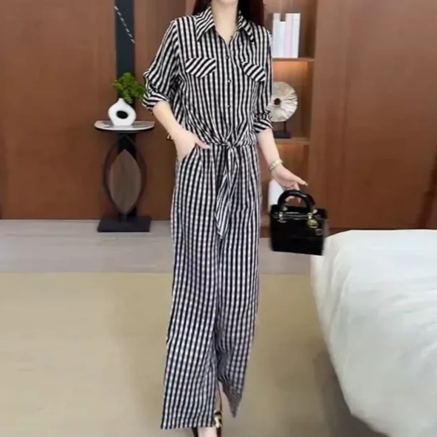 气质时尚套装女装宽松2025春夏新款显瘦条纹上衣阔腿裤两件套