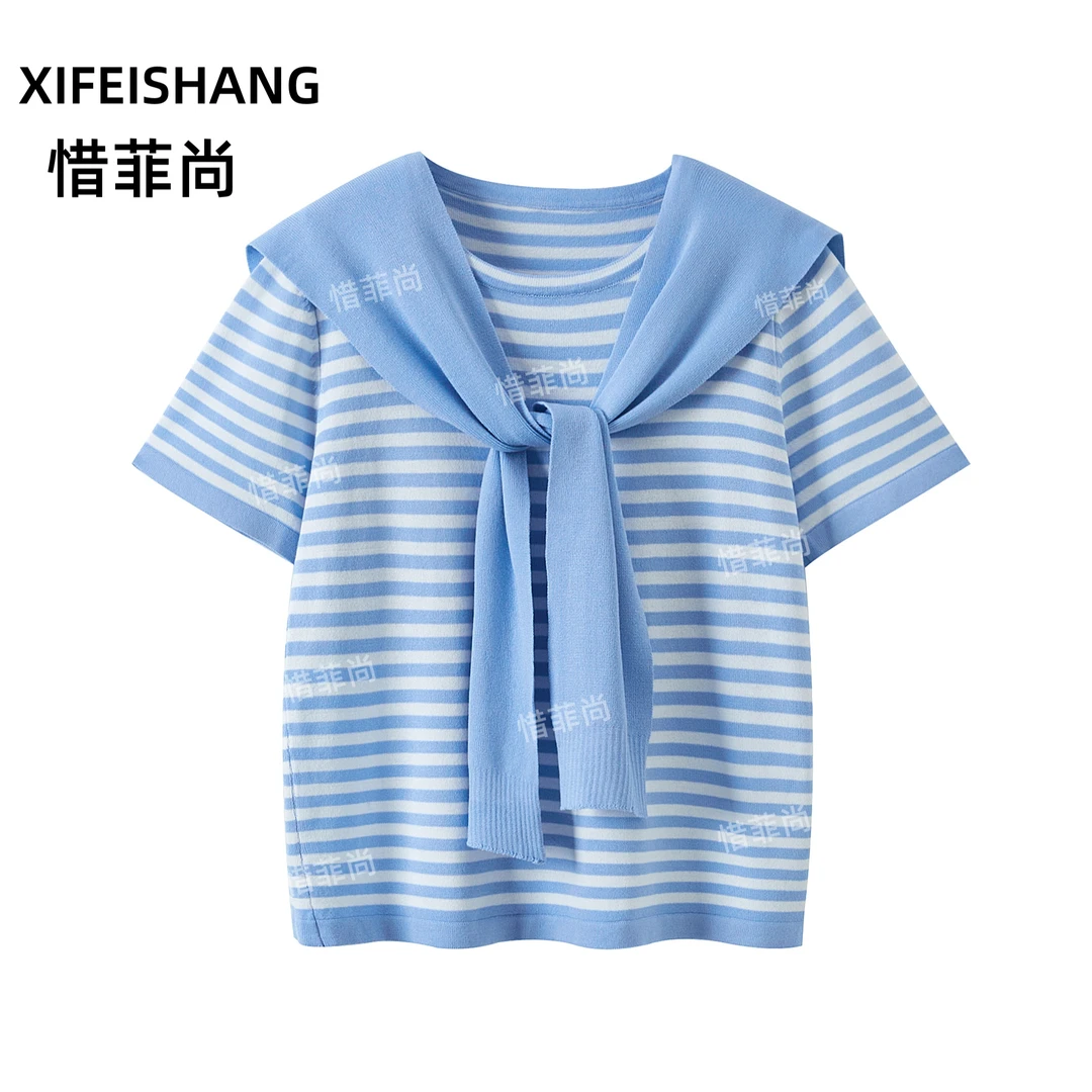 惜菲尚休闲衬衫横条纹针织衫半袖女款毛针织衫简约气质高档上衣