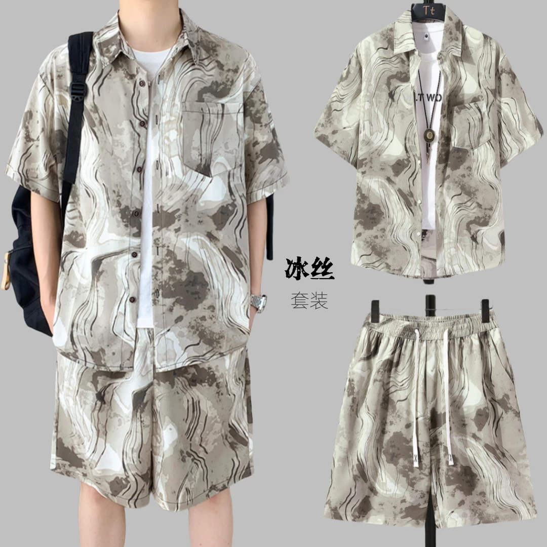 夏季水墨扎染冰丝套装男士宽松痞帅垂顺凉感短袖衬衫短裤两件套潮