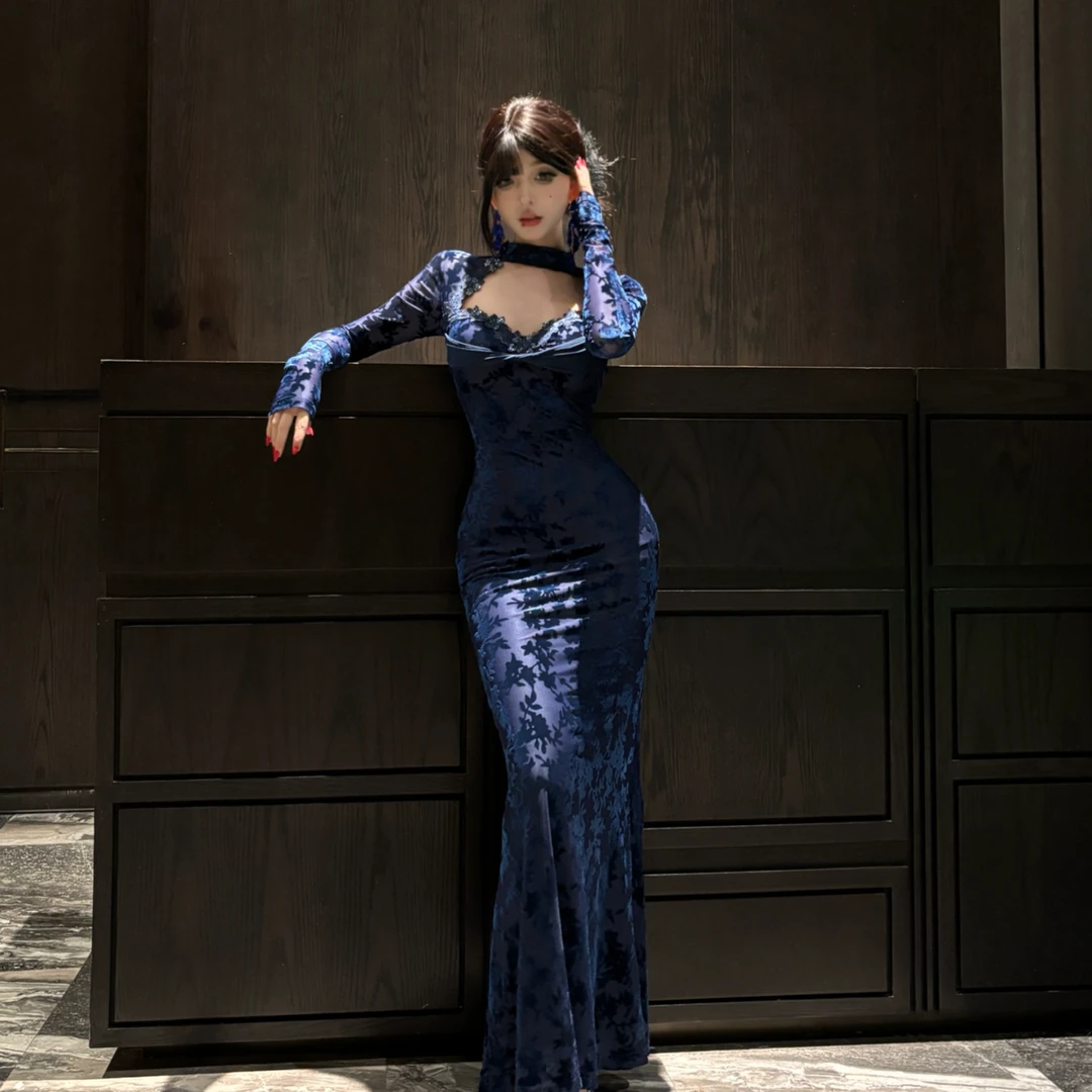 白白（蓝色妖姬）纯欲风蕾丝镂空长袖连衣裙-SXYJL407587