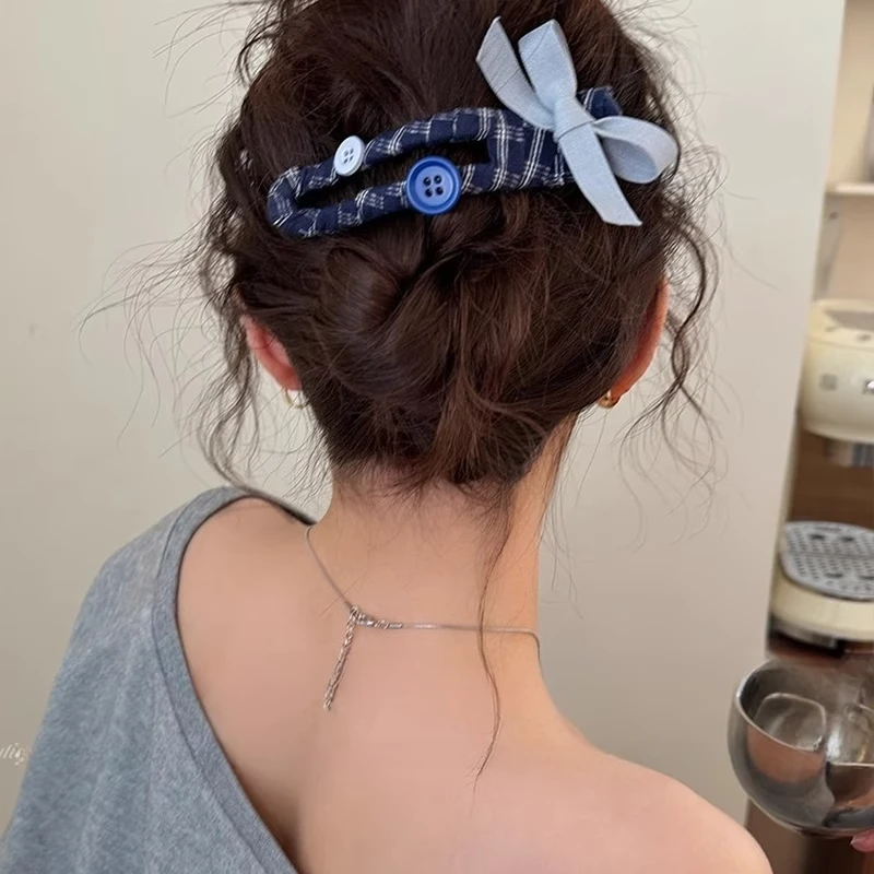 蓝色心情~甜美发夹女后脑勺盘发一字抓夹大号可爱蝴蝶结气质时尚