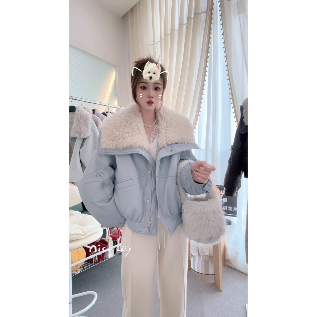 【城市畅游】毛毛大翻领2024冬季新款时尚上衣保暖短款外套女