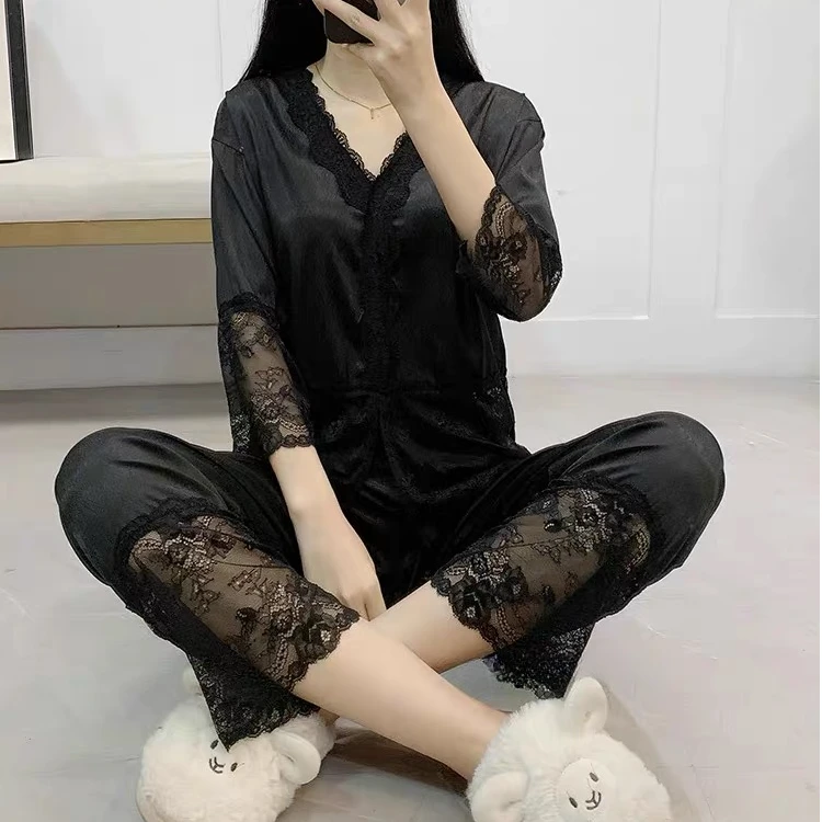 夏季新款蕾丝性感长袖长裤两件套薄款家居服套装
