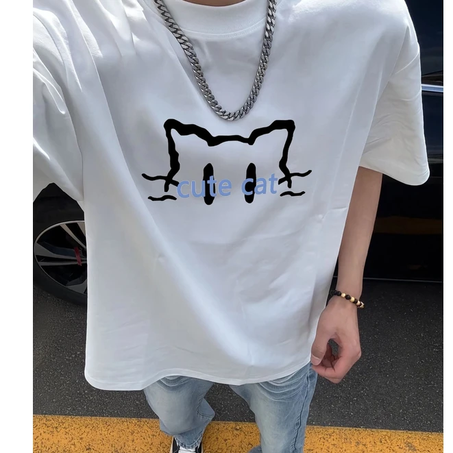 美式重磅纯棉猫咪字母印花宽松百搭休闲ootd潮牌短袖T恤男女同款