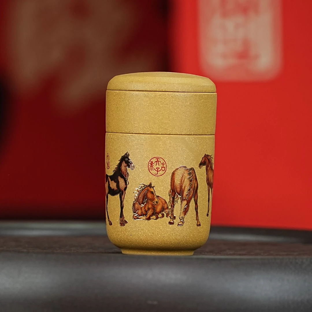 宜兴原矿黄金段手工卡金丝八骏图便携旅行快客杯 ZYL
