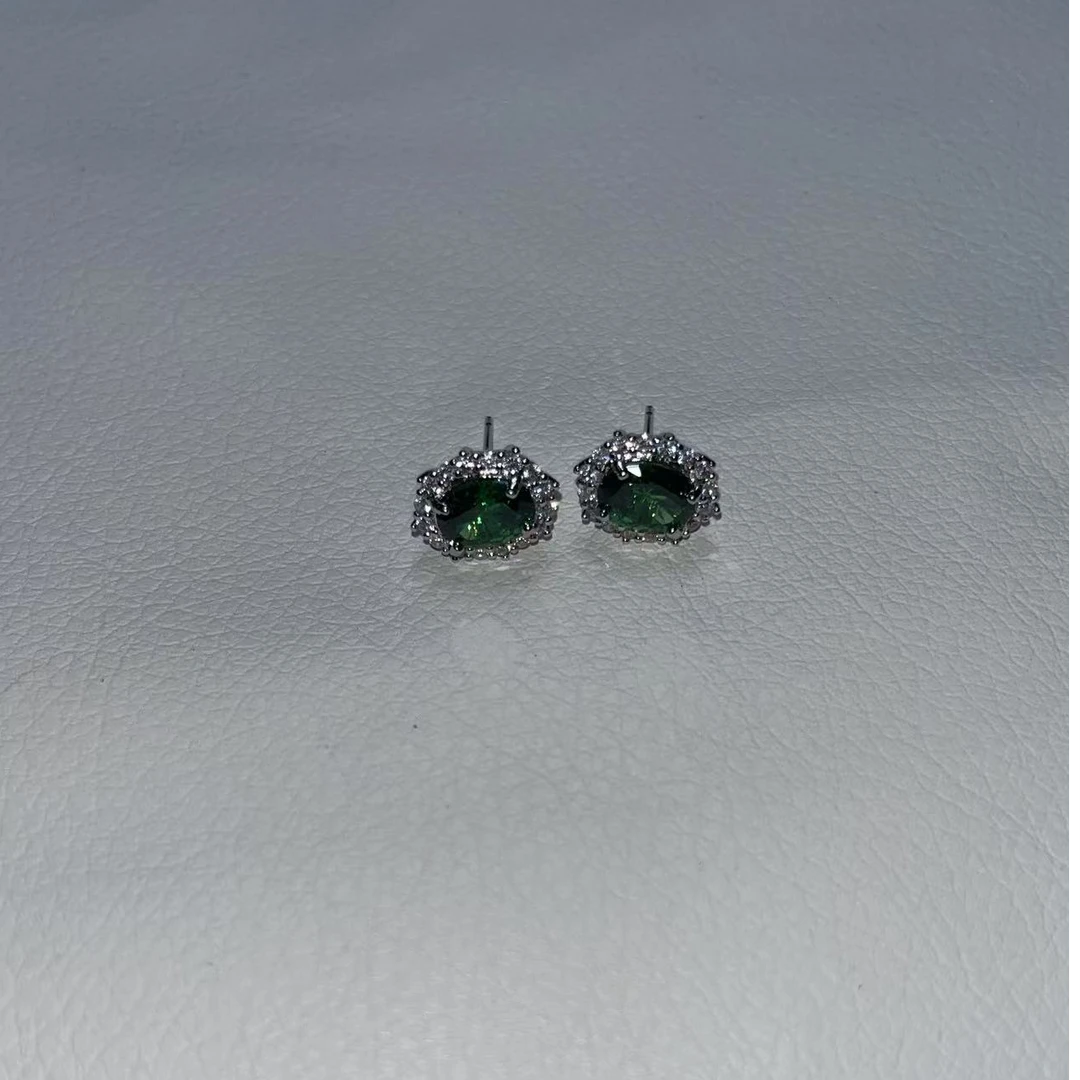 铜合金合成锆石耳饰 气质时尚百搭绿色复古经典豪华银镀绿耳环532