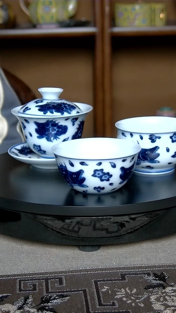 全手工景德镇桃花鳜鱼茶具（三才+2杯）