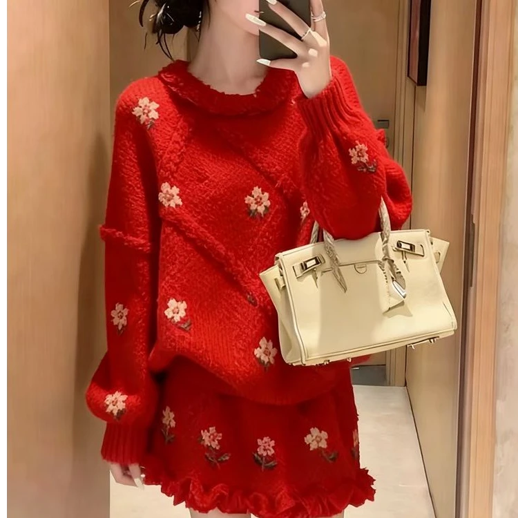 2025新款红色毛衣套装女秋冬温柔风针织两件套显瘦穿搭高级感爆款