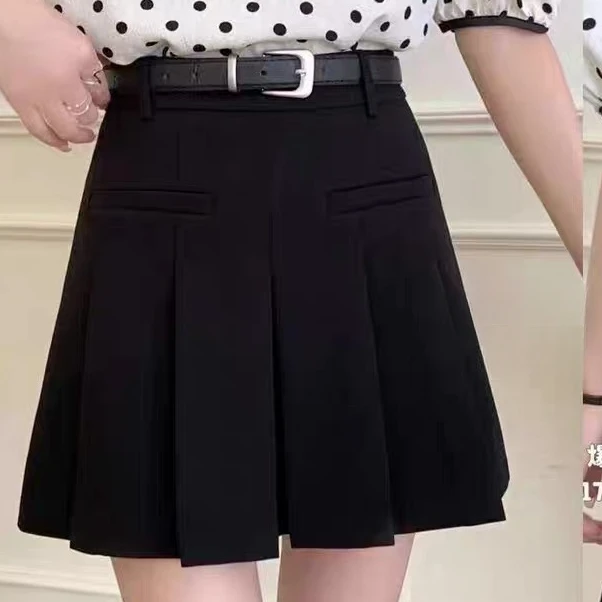 89803#韩系假口袋西装百褶裙女春季高腰显瘦防走光a字半身短裙