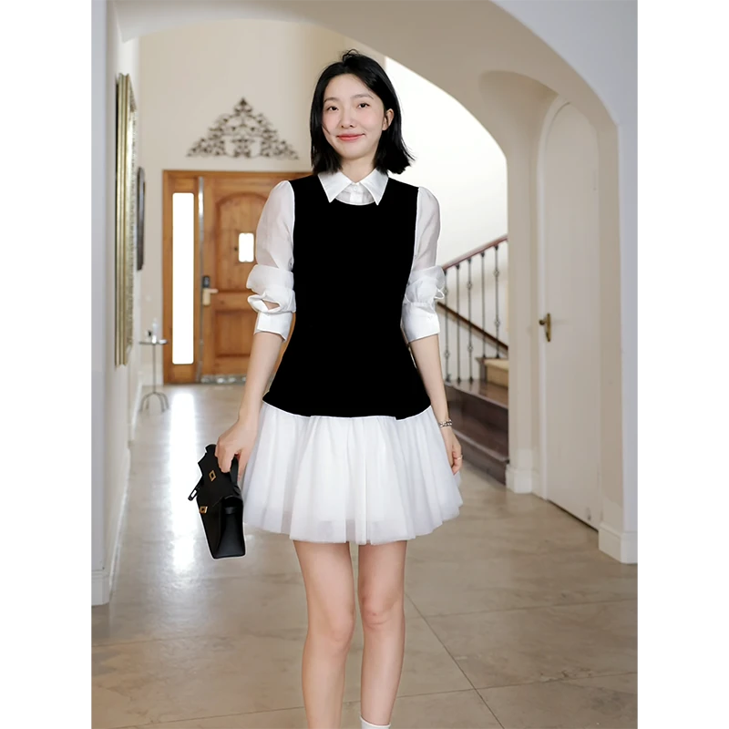 郭九九呢 韩系芭蕾风拼接网纱收腰假两件蓬蓬连衣裙 G925Q01375