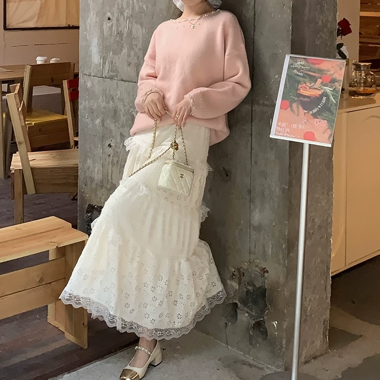 佐佐家小个子 白色温柔风蕾丝花边蛋糕裙女冬季百搭大裙摆a字长裙