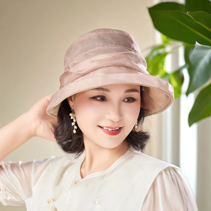 新款桑蚕丝渔夫帽女防晒遮阳帽大檐显脸小盆帽百搭透气帽子高档