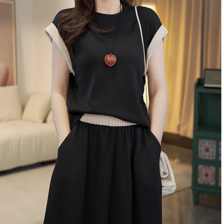 2025新款夏季撞色飞袖套装遮肉显瘦气质垂感高腰大摆长裙+短袖