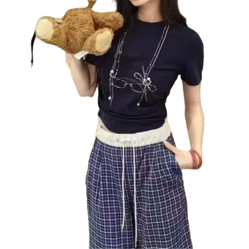 【蔚蓝天空】特鲁推荐重工珍珠钉钻掐腰捏褶半袖