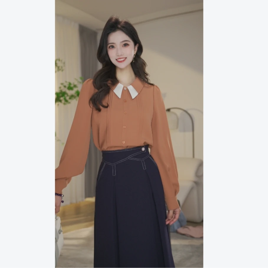 【婷婷甄选】欧若风2025新春衬衫女长袖8591211砖红色法式气质衬衣