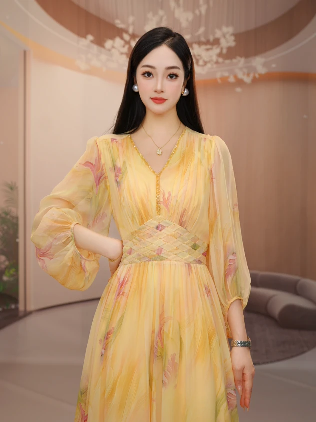 【妍姐家】桑蚕丝夏新品气场全开v领收腰大摆时尚女装 黄花 25128