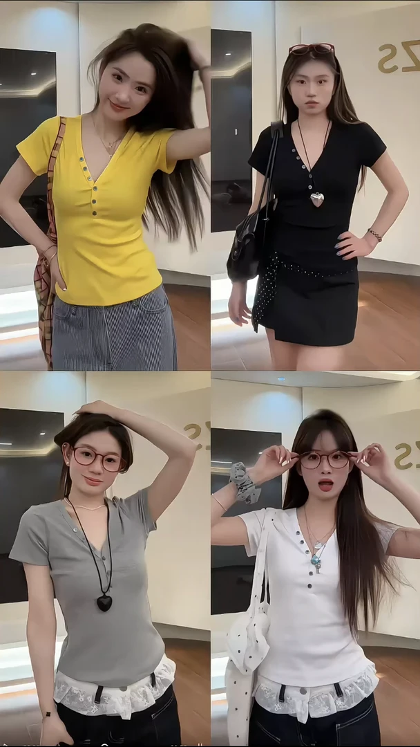 韩版时尚V领纽扣短袖T恤女夏季2025新款辣妹修身显瘦百搭套头上衣