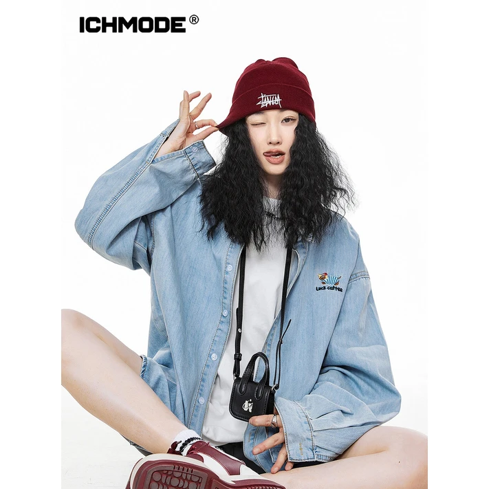 ICHMODE美式复古牛仔衬衫女衬衣外套春秋长袖时尚休闲春季宽松