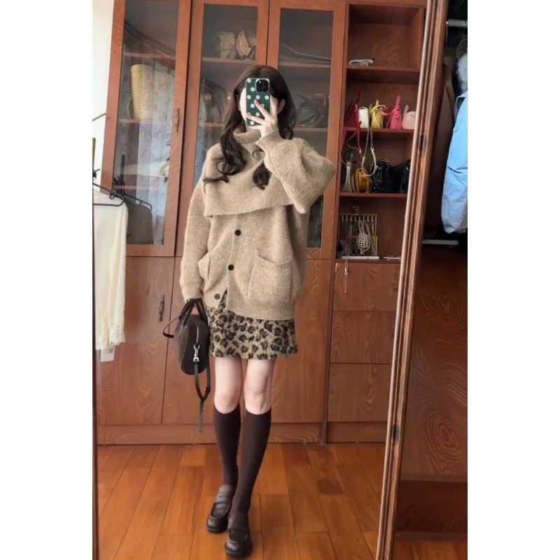 MARIE.COCO秋冬韩系复古设计感宽松针织衫毛衣豹纹半身裙御姐套装