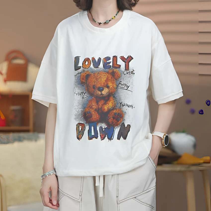 白色夏季新款时尚休闲潮流ins简约百搭宽松显瘦圆领短袖印花T恤