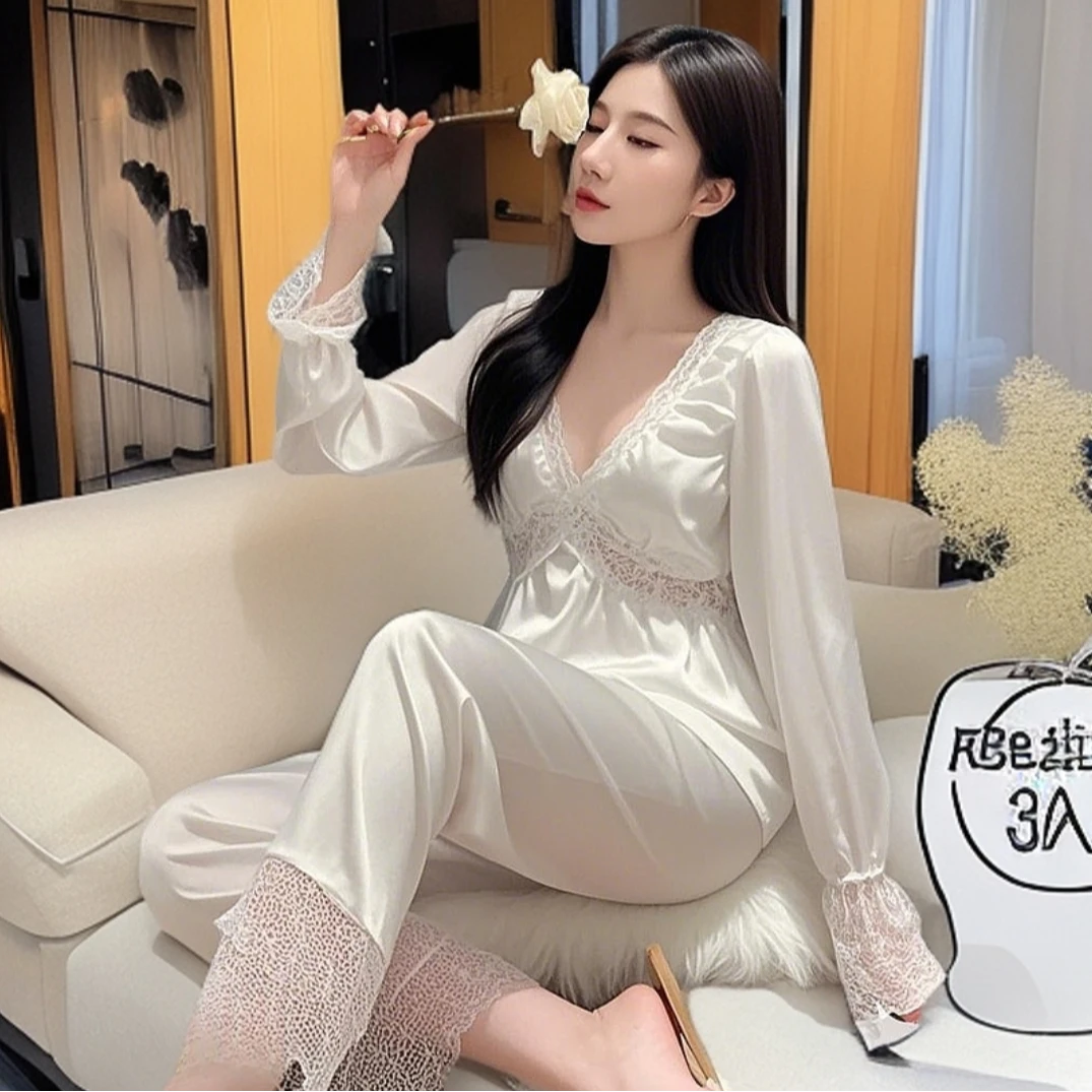 纯欲显瘦长袖冰丝睡衣女春夏季性感黑色蕾丝套装法式薄款家居服