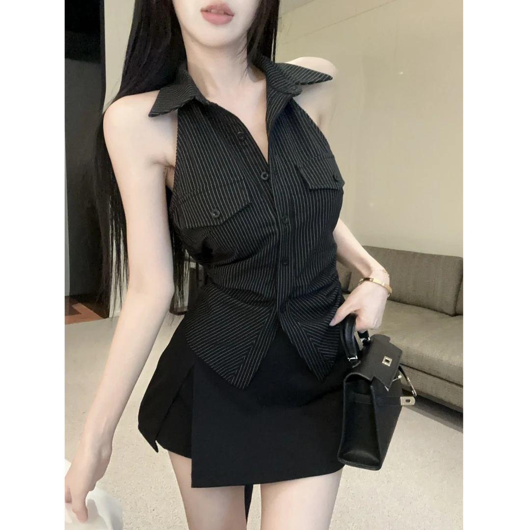 条纹衬衫女新款法式露背收腰无袖衬衣百搭半身裙