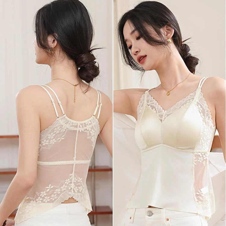 新款缎面蕾丝双肩带美背背心小蛮腰显瘦设计带胸垫吊带内衣女