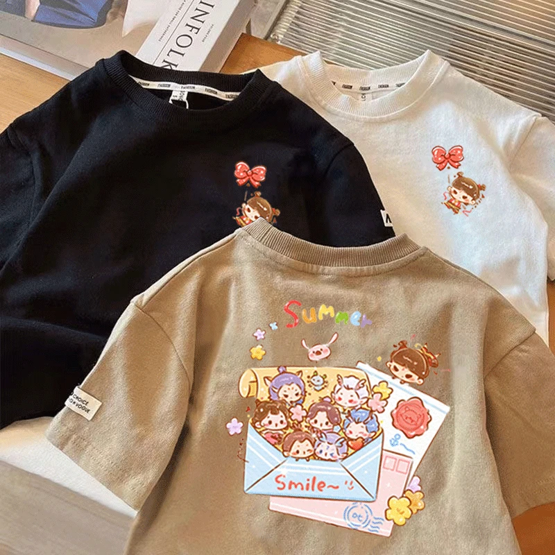 儿童纯棉哪吒短袖男女童2025夏季新款休闲百搭宽松圆领潮流打底衫