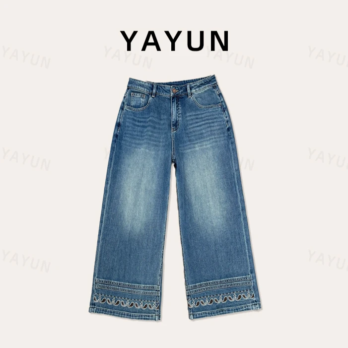 YAYUN 刺绣秋季女阔腿裤牛仔裤大直筒裤九分复古休闲水洗裤子蓝色