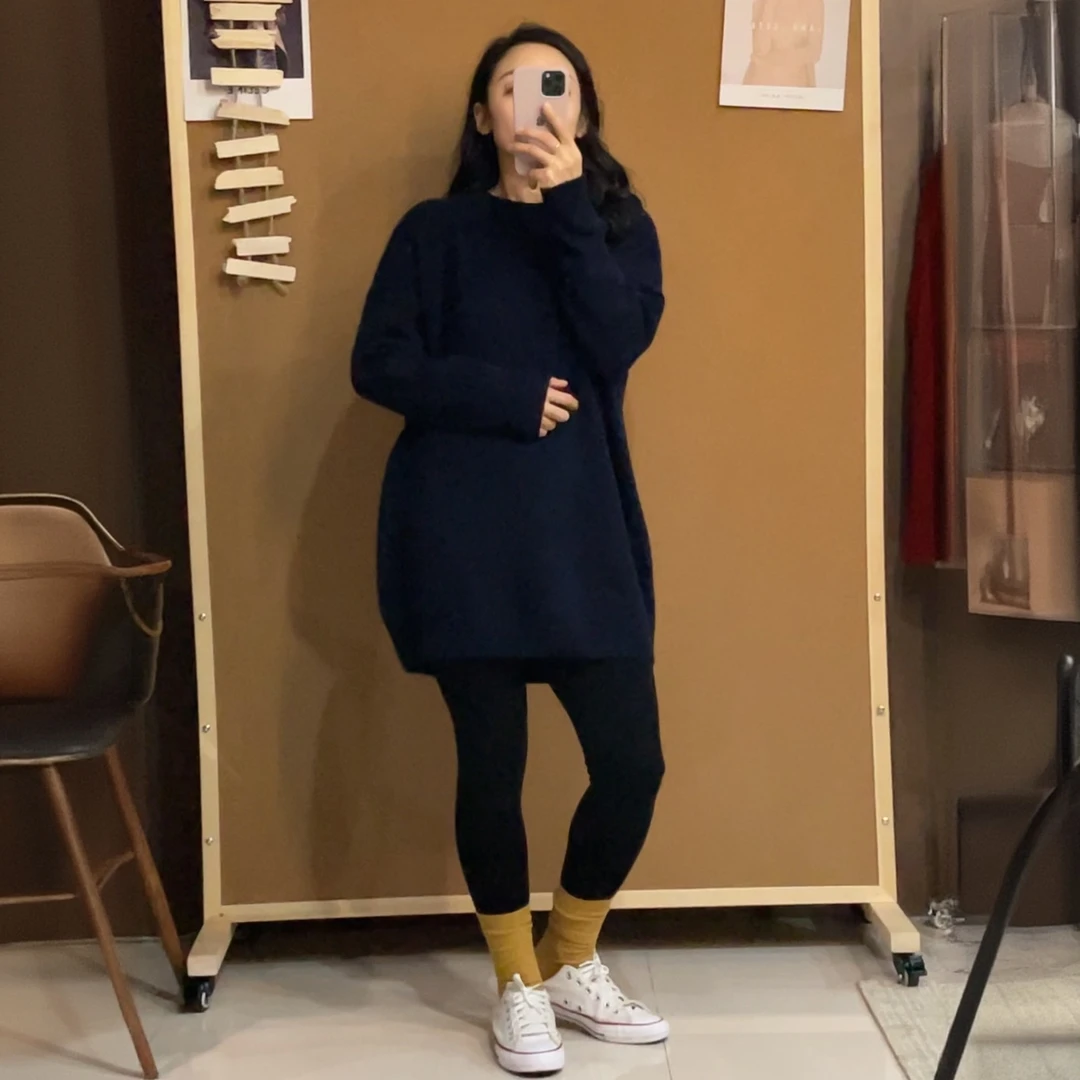 【100%纯山羊绒】双股加厚圆领中长款针织上衣女