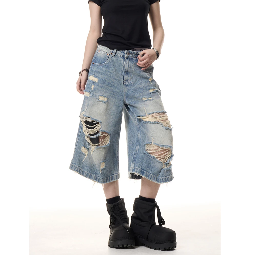 美式做旧水洗磨破设计感阔腿七分牛仔裤女夏季新款时尚裤子2025#