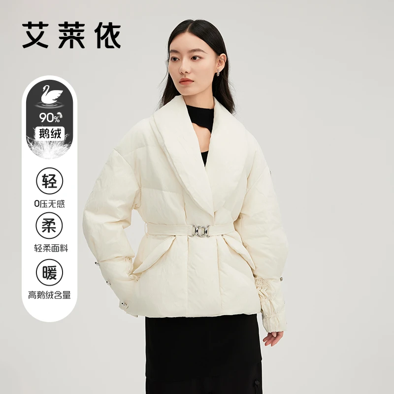 【鹅绒】艾莱依时装冬季新款别致翻领提花鹅绒服女士时尚外套3189