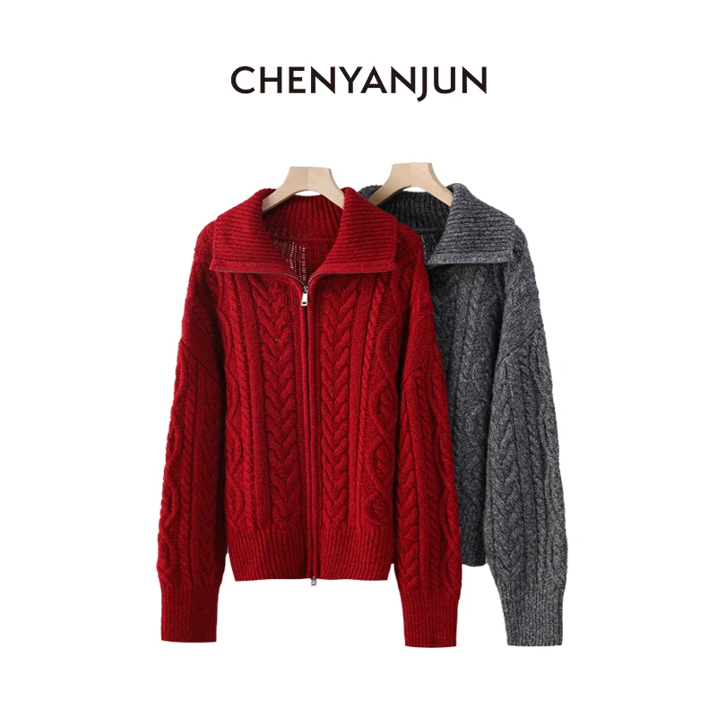 陈妍君【红色重磅LP绞花拉链翻领毛衣】CHENYANJUN CYJ-JY219-2613