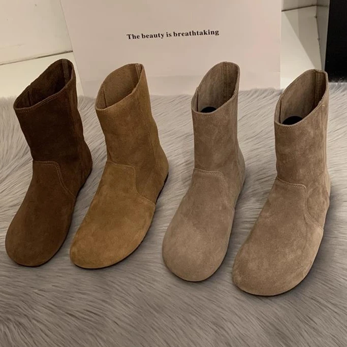 香港韩版磨砂圆头粗跟短靴覆古西部靴显瘦套筒马丁靴平底瘦瘦靴