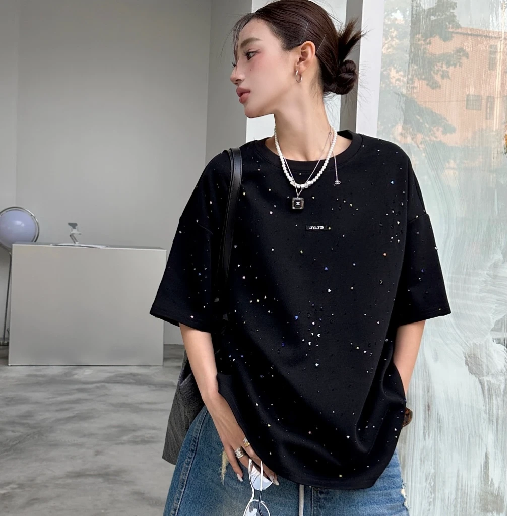 【郁儿严选】82071新款春时尚百搭满天星圆领宽松短袖T
