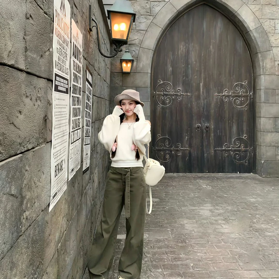 性感一字肩长袖外穿上衣韩版秋季新款外穿宽松长裤时尚气质两件套