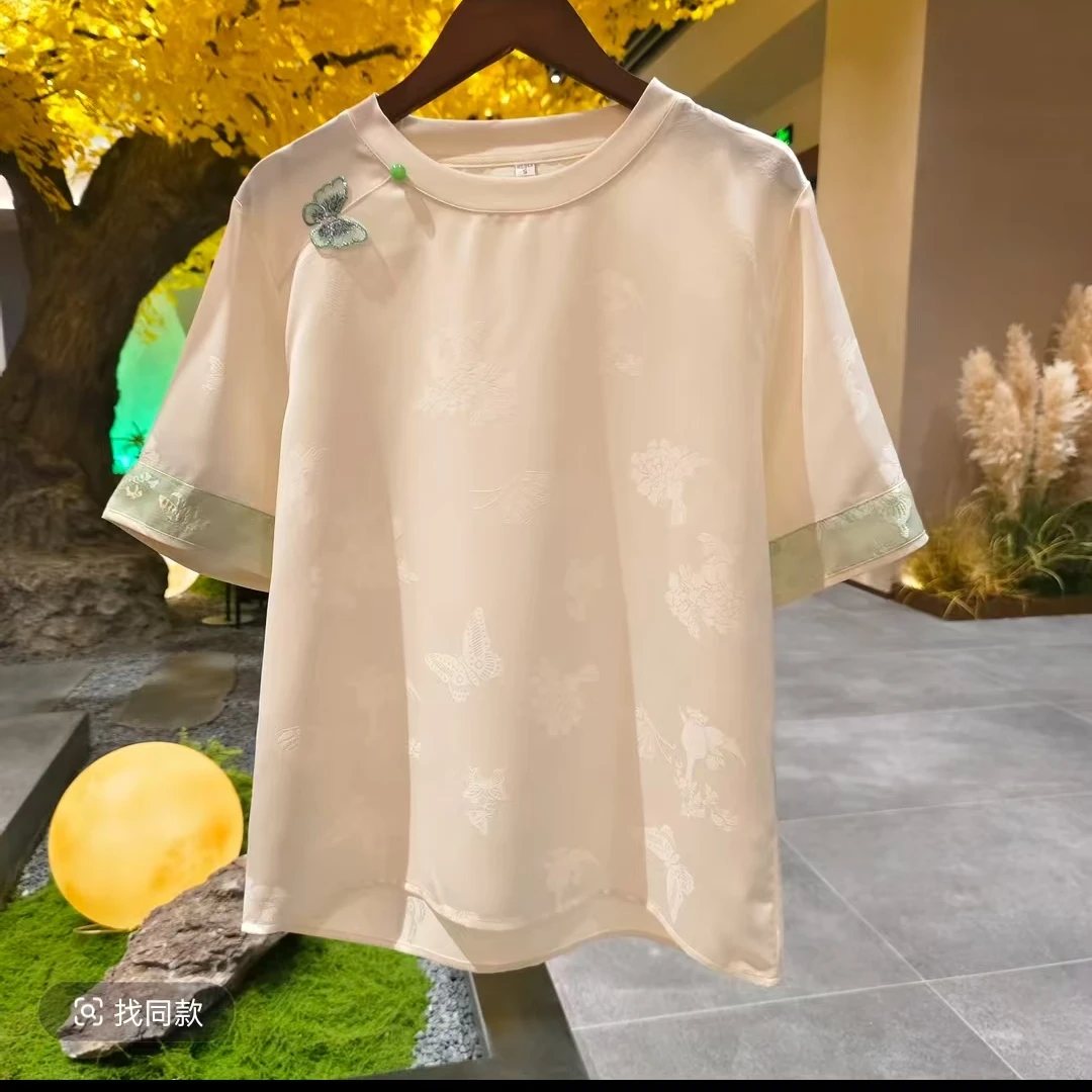 夏季新款短袖蝴蝶花丝滑舒适女装百搭精致新中式提花上衣A8005