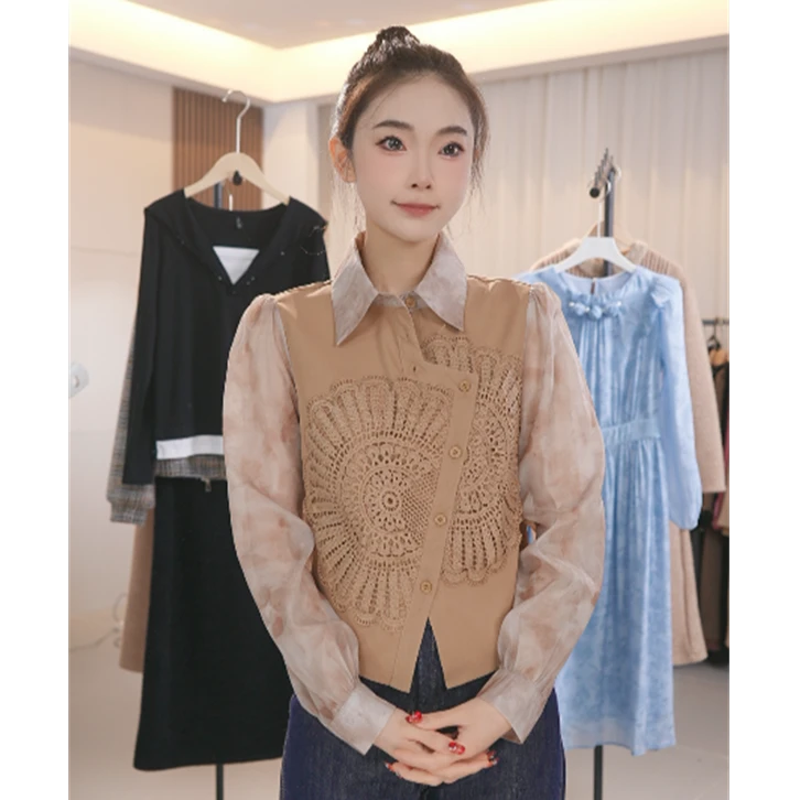 W2303时尚不规则设计感翻领长袖衬衫女春气质休闲重工衬衣