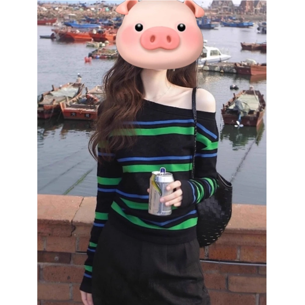 超好看上衣韩系慵懒风松弛感小众不撞款斜肩条纹T恤针织衫秋显瘦