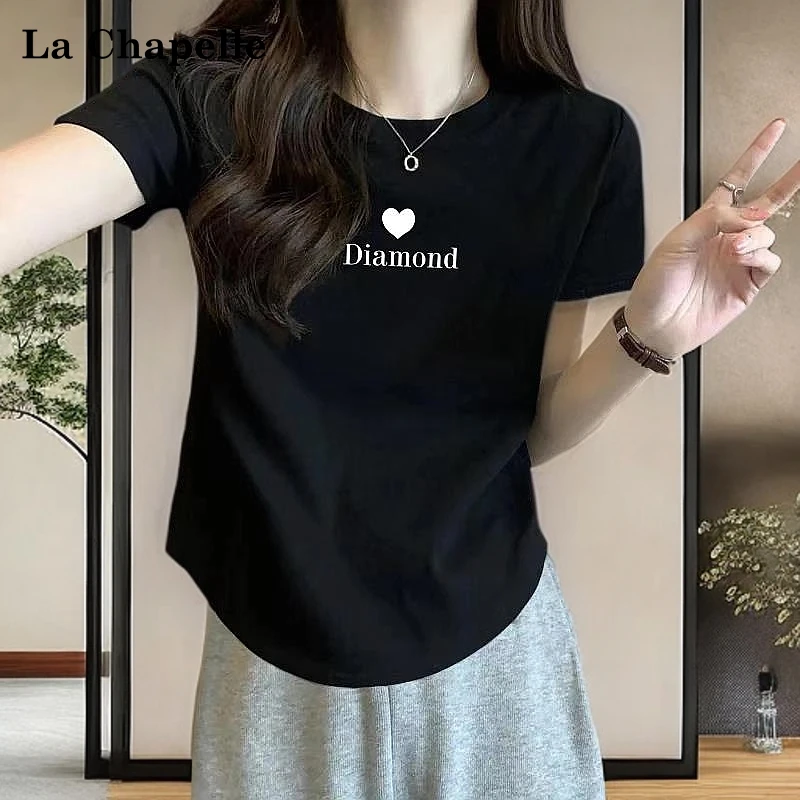 拉夏贝尔印花字母黑色t恤女短袖女款2025新款洋气设计感女装夏季
