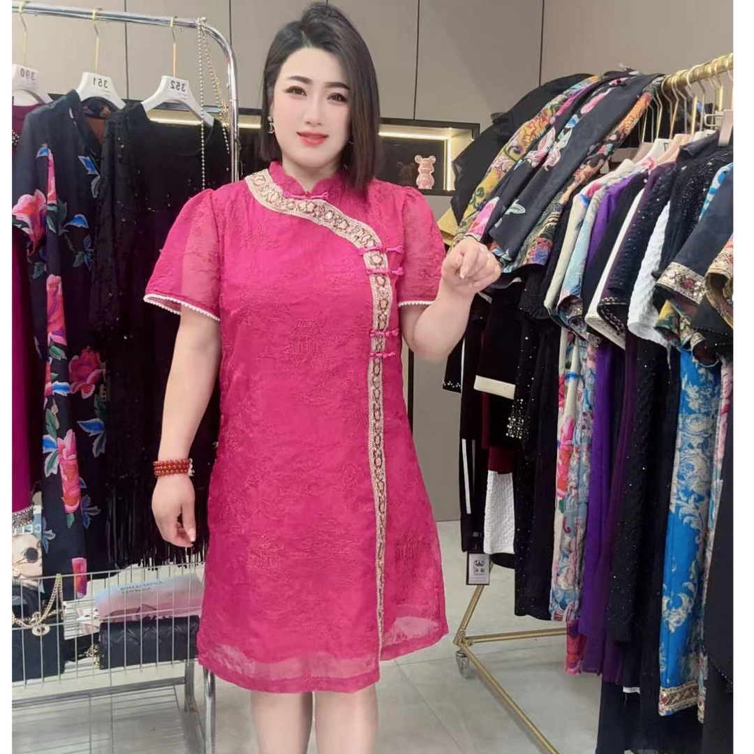 夏季国潮风提花蕾丝拼接珠珠高端洋气连衣裙