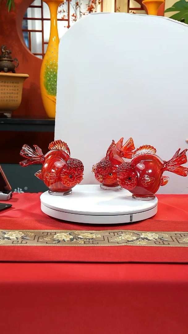 手工艺品琉璃五**碟金鱼一对带底座一对