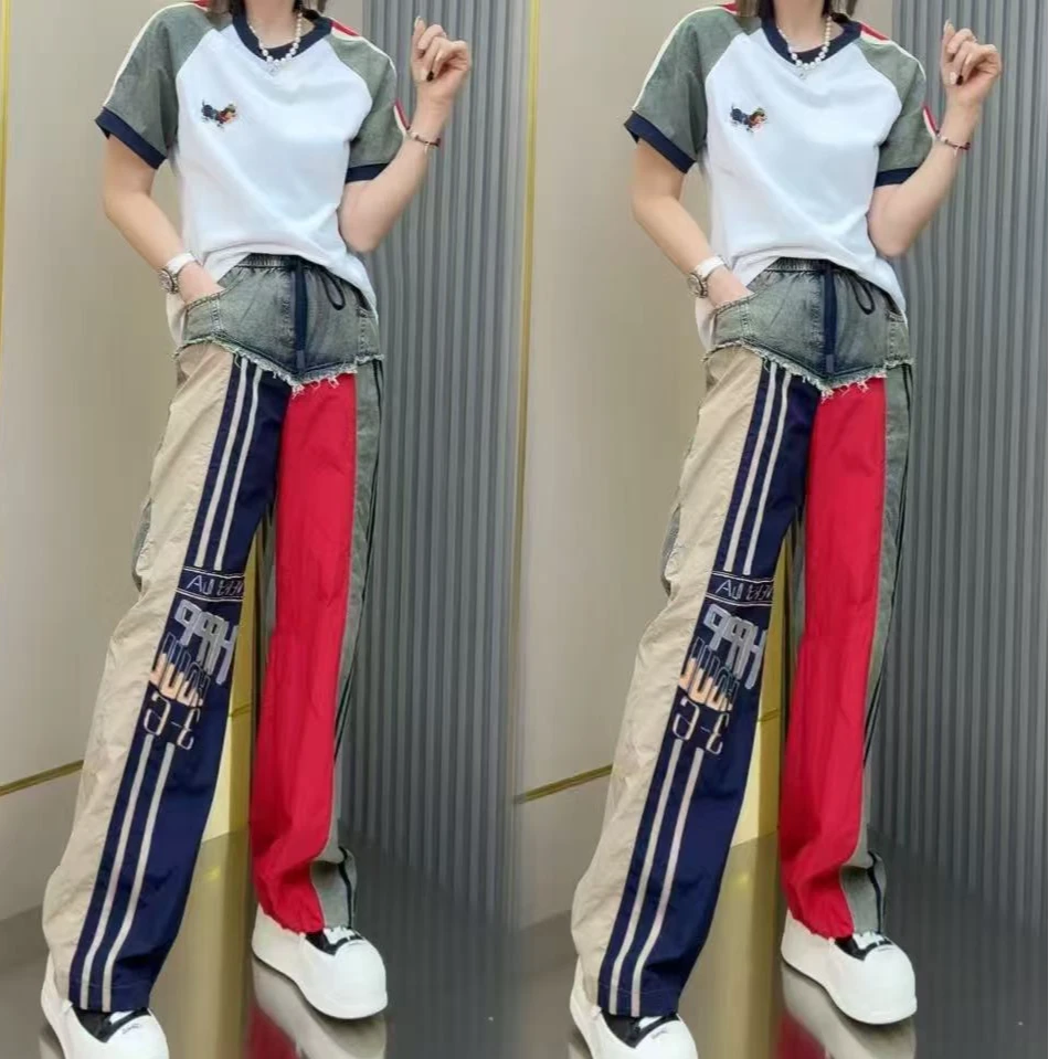 D8261时尚拼接百搭休闲T恤➕个性设计感阔腿牛仔裤套装