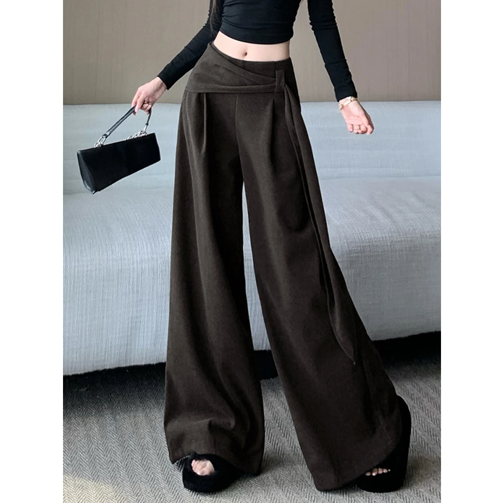 咖色宽松显瘦毛呢阔腿裤女秋冬设计感飘带高腰遮胯垂感拖地裤